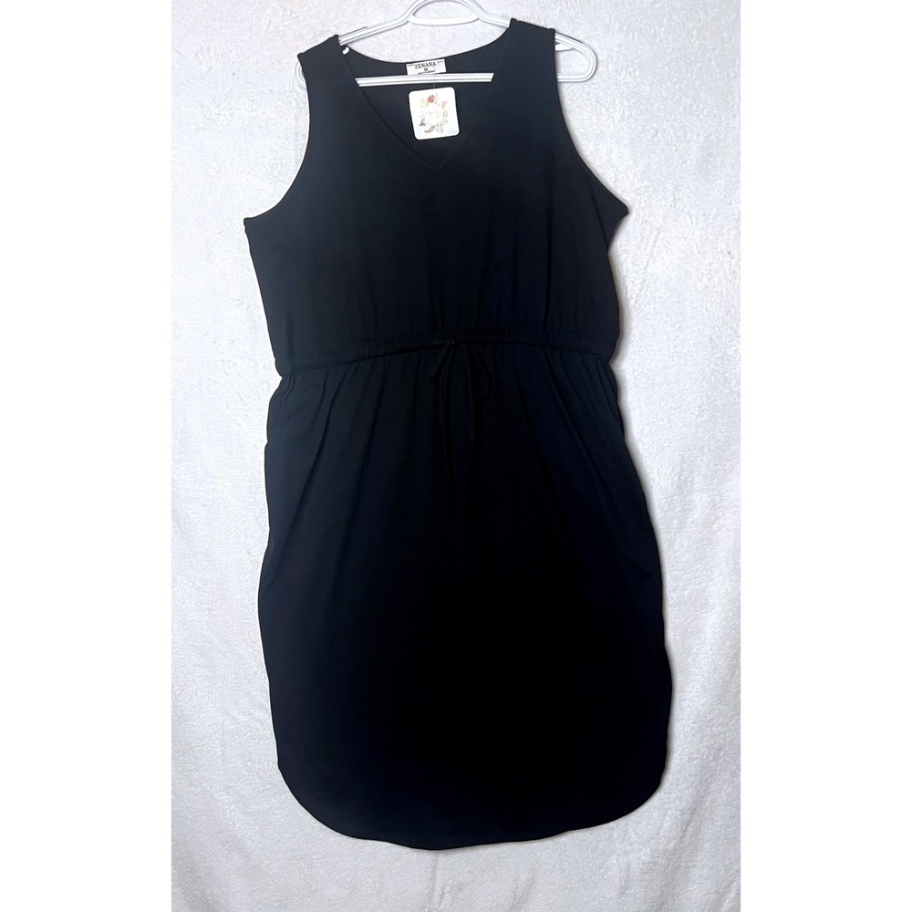 Zenana Vacation Vibes Dress Womens 3X Black V-Neck Drawstring Waist Midi Pockets